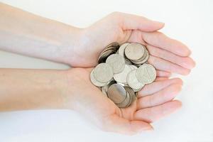 money and finances concept - close up of womans cupped hands showing coins photo