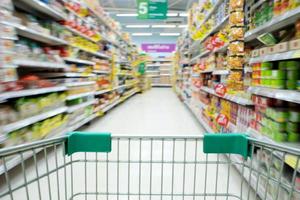 Compras en supermercado vista de carrito de compras con desenfoque de movimiento foto