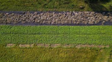 multicolored farm fields top view from a drone photo