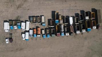 old truck Parking top view aerial view from drone photo