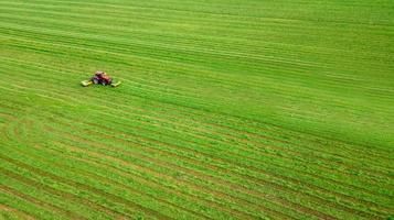 tractor mows the grass top view from the drone