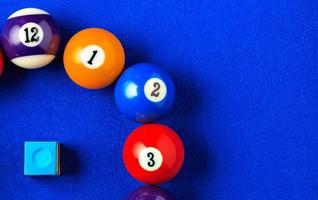 Billiard balls with blue chalk on a blue pool table. Horizontal image viewed from above. photo