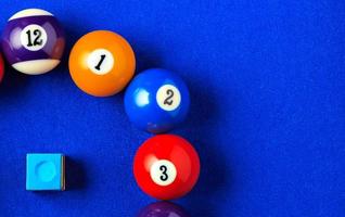 Billiard balls with blue chalk on a blue pool table. Horizontal image viewed from above. photo