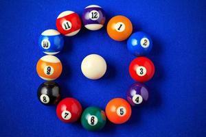 Billiard balls making the shape of a clock on a blue pool table. Horizontal image viewed from above. photo