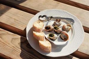 dish with the snail shells, served on a white classic plate, with various sauces, pesto, truffle, cheese, pieces of French baguette, fork for a shell, wooden table in outdoor cafe photo