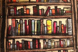 illustration of colorful bookshelves on the wall photo