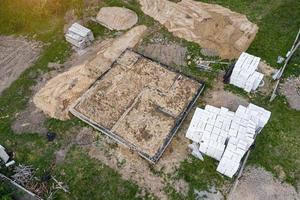 ribbon Foundation of a residential building top view from a drone photo