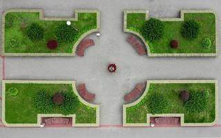 landscaped city street with benches top view photo