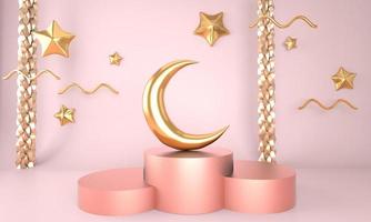 Ramadan Kareem greeting template with moon. Podium, stand on holiday light background for advertising products - 3d render illustration for cards, greetings. photo