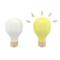 Conjunto de iconos de bombilla de encendido y apagado 3d. lámparas incandescentes de filamento incandescente. idea de creatividad, concepto de innovación empresarial.