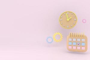 3D Rendering of Agenda element icons calendar and clock with copy space on background concept of time management. 3D render illustration cartoon style. photo