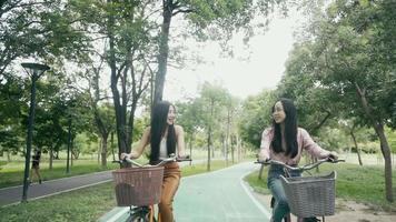 damas sonrientes en las dos bicicletas de niña están montando en el parque durante la primavera. video