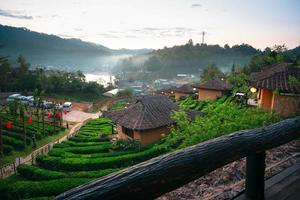 Ban Rak Thai, chinese village tea in the hill at Mae Hong Son in morning with mist. photo