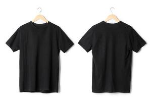 Black T shirt mockup hanging isolated on white background with clipping path photo