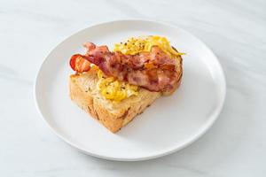 bread toast with scramble egg and bacon photo