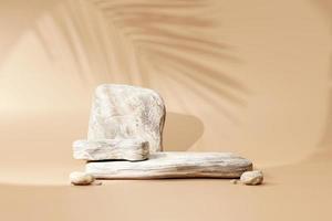 Minimal Stone Podium pedestal product display stand and palm leaf shadows on beige background 3d rendering photo