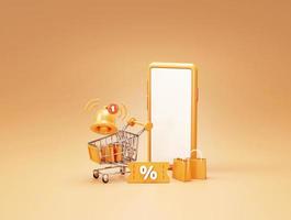 Shopping cart with discount voucher sale notification on white background 3d rendering photo