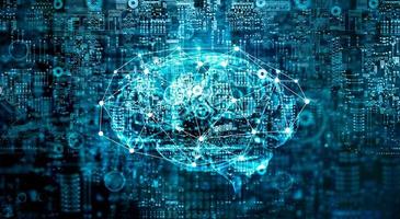 tecnología futura del cerebro digital de inteligencia artificial en la computadora de la placa base. datos binarios. cerebro de ai. tecnología innovadora futurista en concepto de ciencia foto
