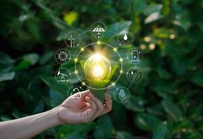 Hand holding light bulb against nature on green leaf with icons energy sources for renewable, sustainable development. Ecology concept. Elements of this image furnished by NASA. photo