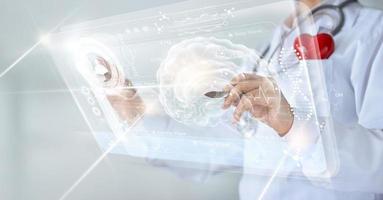 Doctor checking brain testing result with computer interface, innovative technology in science and medicine concept photo