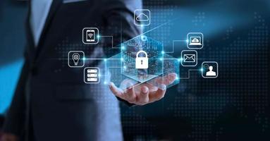Data protection privacy concept. GDPR. EU. Cyber security network. Business man protecting data personal information. Padlock icon and internet technology networking connection on virtual interface. photo