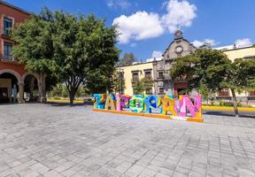 Colorful letters of Zapopan central plaza in historic city center near Zapopan Cathedral Basilica