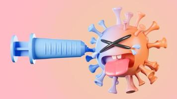 Crying cute orange and blue colona virus character being injected with syringe on pastel background.,vaccine covid-19.,3d model and illustration. photo