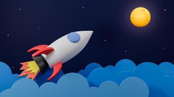 Rocket flying over cloud go to the moon on  galaxy background.Business startup concept.3d model and illustration. photo