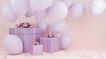 Holiday Christmas and Happy new year pastel pink color background with a gift box and balloon.,3d model and illustration. photo