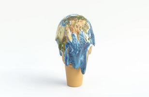 Ice cream earth melts on white background with global warming concept., 3d model and illustration. photo