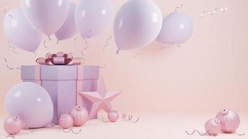 vacaciones de navidad y feliz año nuevo fondo de color rosa pastel con una caja de regalo y un globo, modelo 3d e ilustración. foto