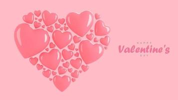 banner de feliz día de san valentín con muchos corazones objetos 3d dispuestos en forma de corazón sobre fondo rosa., modelo 3d e ilustración. foto