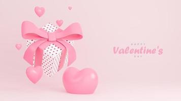 banner de feliz día de san valentín con caja de regalo y corazones objetos 3d sobre fondo rosa, modelo 3d e ilustración. foto