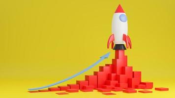 Rocket ship flies up with finance graph chart on yellow background.Business startup concept.3d model and illustration. photo