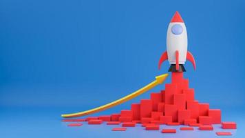 Rocket ship flies up with finance graph chart on blue background.Business startup concept.3d model and illustration. photo