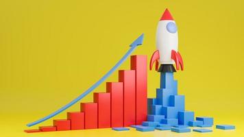 Rocket ship flies up with finance graph chart on yellow background.Business startup concept.3d model and illustration. photo