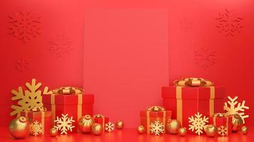 Merry Christmas and Happy New Year banner luxury style.,realistic red and gold gifts box with card and golden Christmas balls.,3d model and illustration. photo