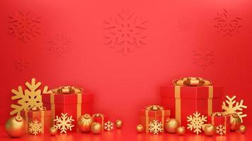 Merry Christmas and Happy New Year banner luxury style.,realistic red and gold gifts box with snowflake and golden Christmas balls.,3d model and illustration. photo