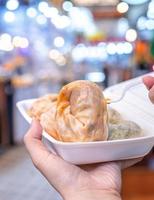 Delicious steamed round shaped dumplings in South Korea traditional market, special korean street food cuisine, close up, bokeh, copy space photo