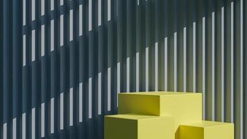 Yellow square podium for product presentation on gray serrated wall background minimal style.,3d model and illustration. photo