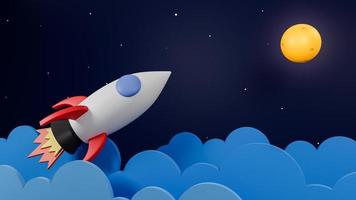 Rocket flying over cloud go to the moon on  galaxy background.Business startup concept.3d model and illustration. photo