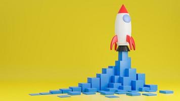 Rocket ship flies up with finance graph chart on yellow background.Business startup concept.3d model and illustration. photo