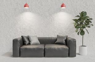 la sala de estar tiene un sofá de cuero negro sobre un fondo de pared de ladrillo blanco de estilo minimalista con techo rojo y luz solar matutina. modelo 3d e ilustración.