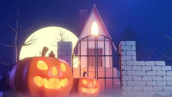 tema de halloween con calabazas y una casa por la noche, modelo 3d e ilustración. foto