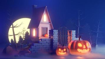 halloween theme with pumpkins and a house at night.,3d model and illustration. photo