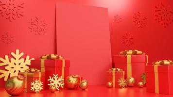 Merry Christmas and Happy New Year banner luxury style.,realistic red and gold gifts box with card and golden Christmas balls.,3d model and illustration. photo