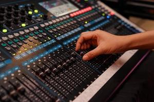 DJ with sound bar and technology of the sound. photo