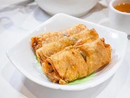 Delicious dim sum, famous cantonese food in asia - Fried bean curd tofu skin rolls with shrimp and prawn in hong kong yumcha restaurant, close up photo