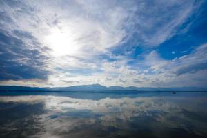 kwan phayao un lago en la provincia de phayao, al norte de tailandia. tiro con la regla de los tercios entre río, nube y cielo. foto