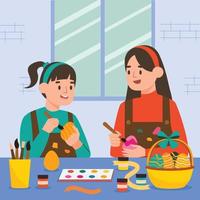 Two Girls Decorating Easter Eggs vector